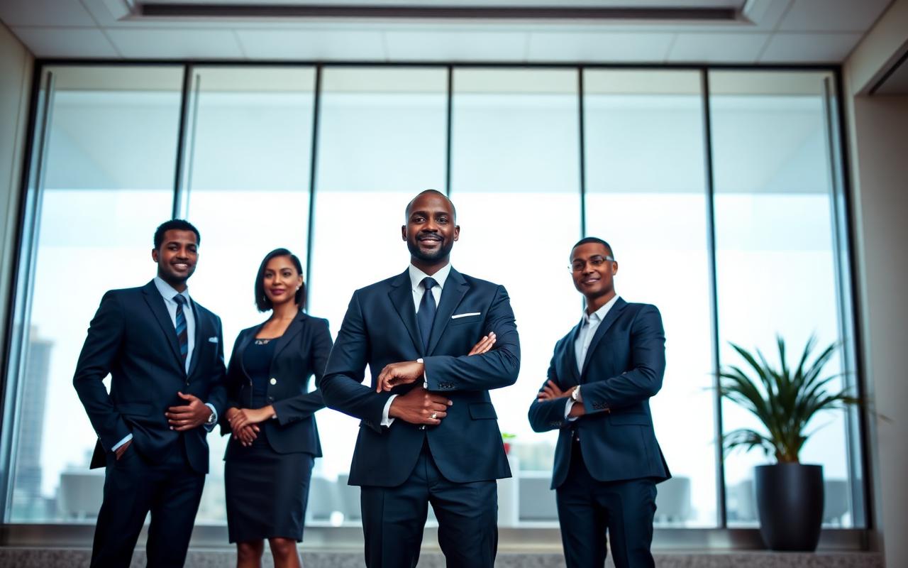 Professional Nigerian business team standing in a bright modern Lagos office lobby