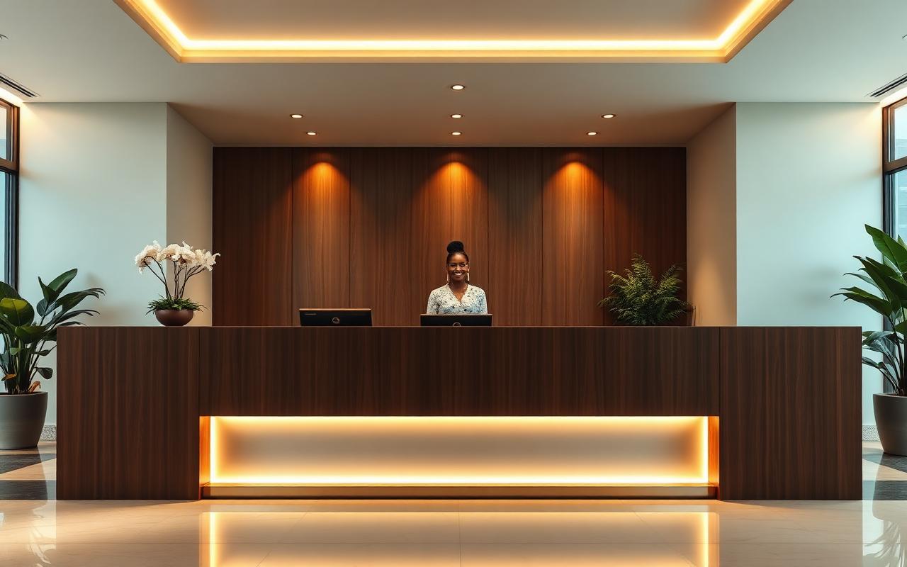 Warmly lit reception desk of a luxury office in Lagos with a receptionist