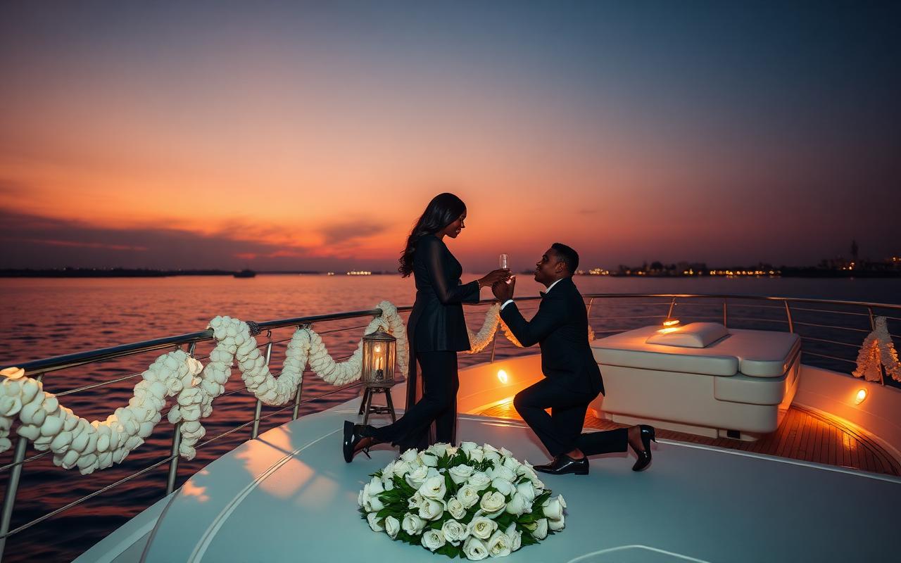 Couple on a decorated yacht deck at dusk