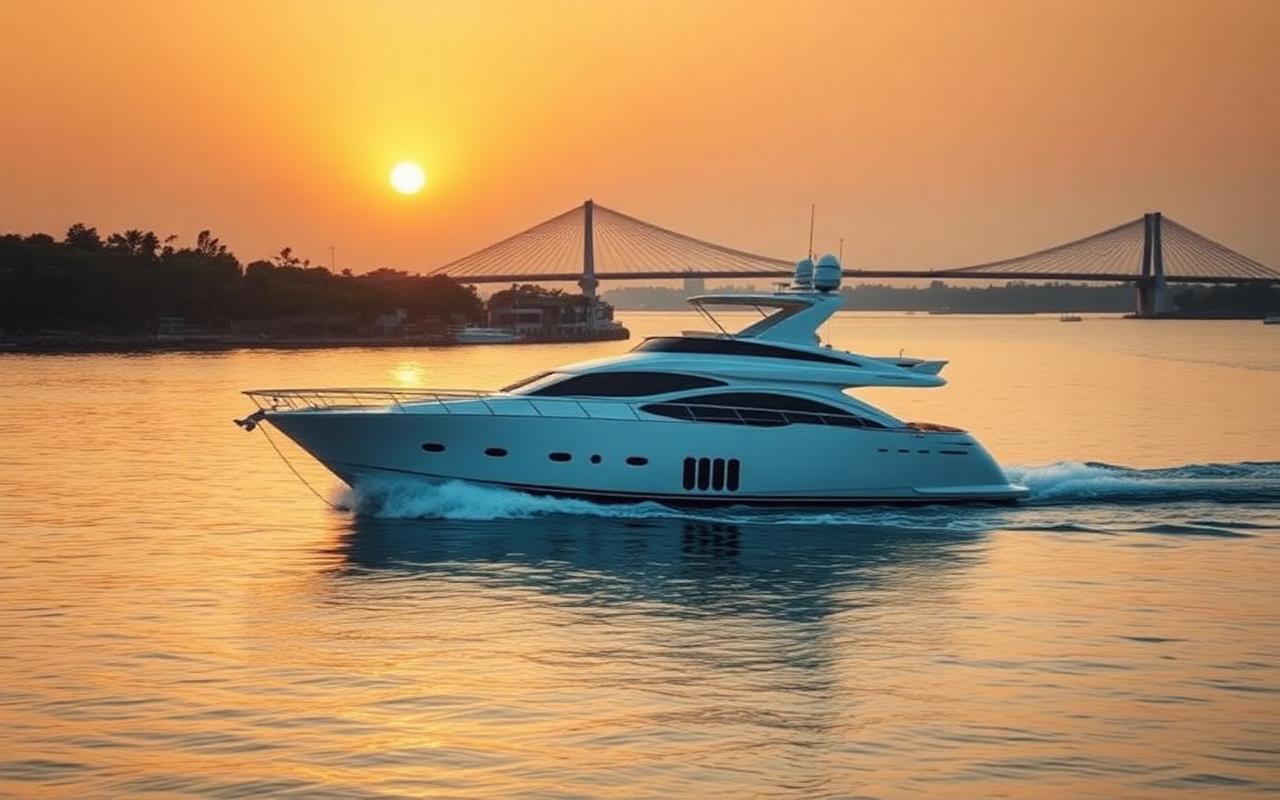 Yacht cruising past the Lekki-Ikoyi link bridge at sunset