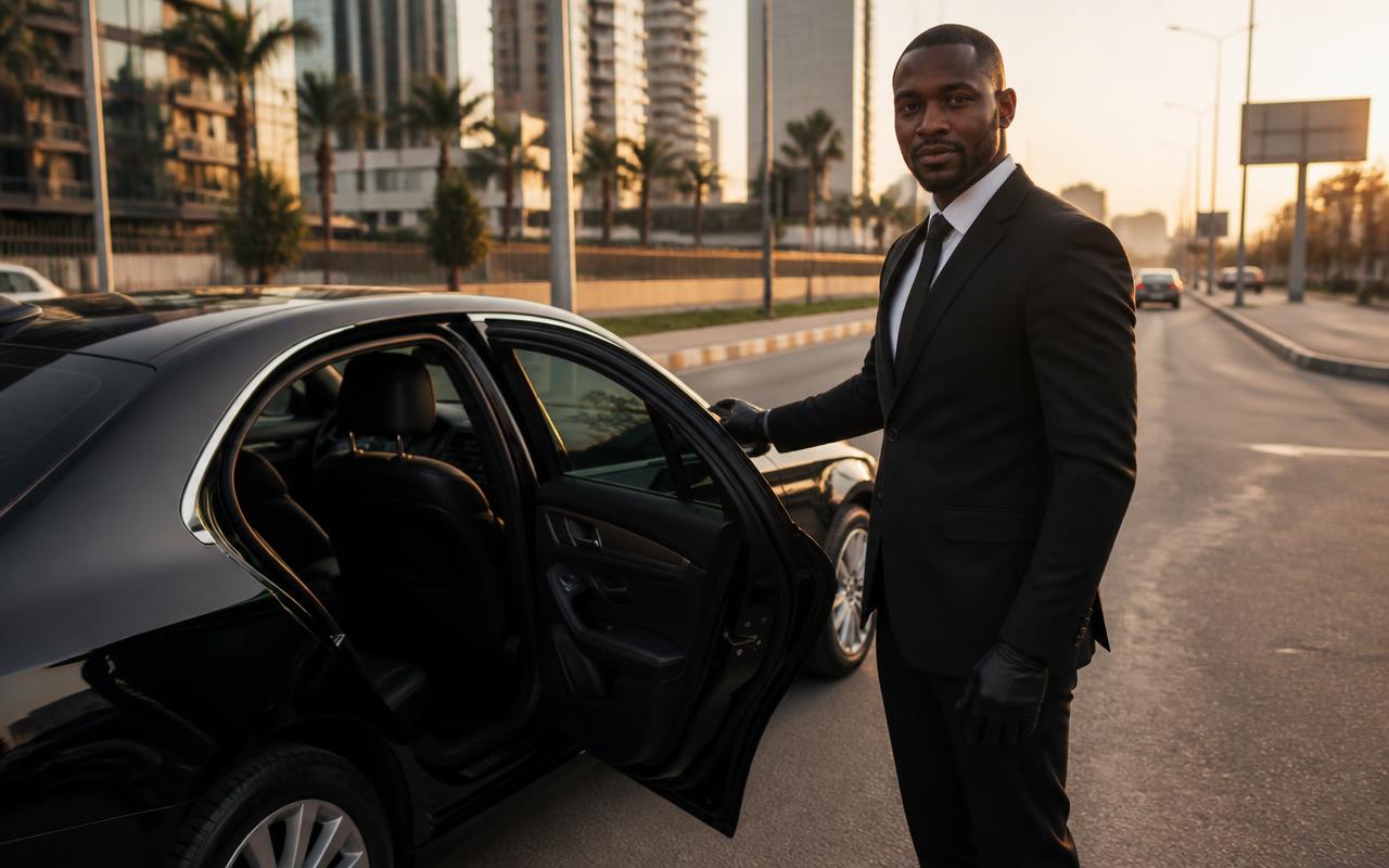 Chauffeur in a black suit holding open the rear door of a black luxury sedan on a Lagos street