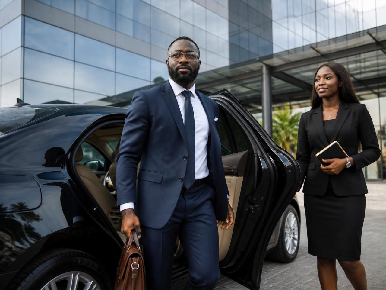 Nigerian executives stepping out of a black chauffeured sedan outside a Victoria Island office tower in Lagos