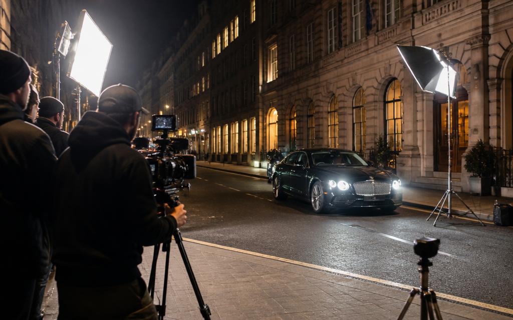 Film crew shooting a luxury car on a city street at night