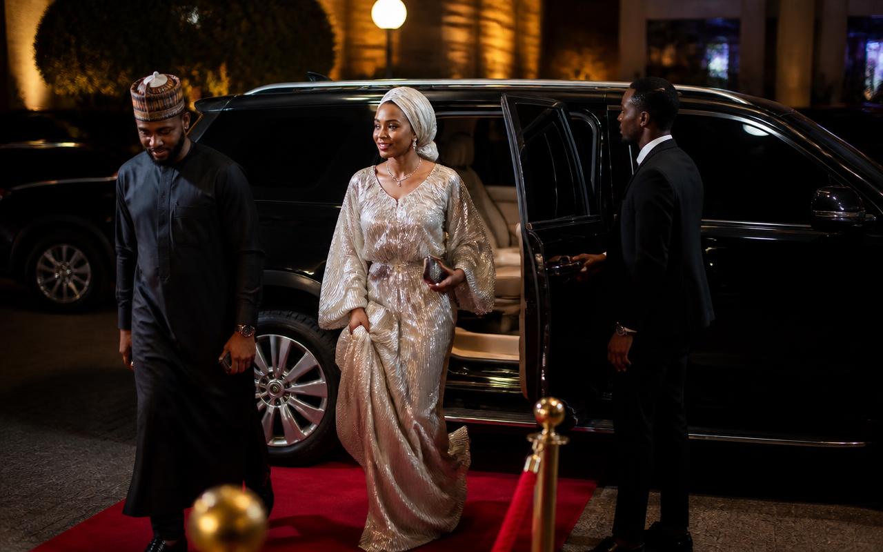 Well dressed guests arriving at an upscale evening event from a black luxury SUV on a red carpet