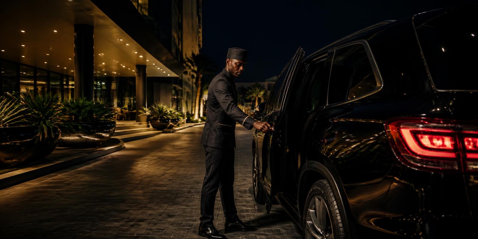 Chauffeur opening the door of a black executive car outside a modern hotel at night