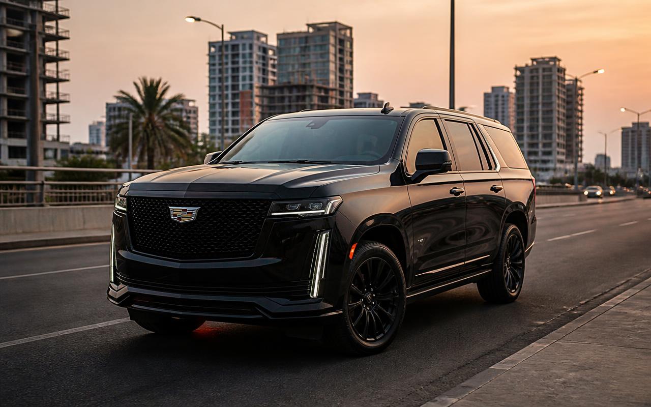 Black Cadillac Escalade driving on a Lagos city road at dusk