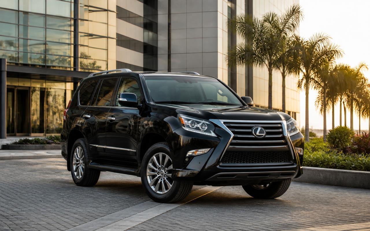 Black Lexus GX460 luxury SUV parked outside a glass office tower in Victoria Island, Lagos