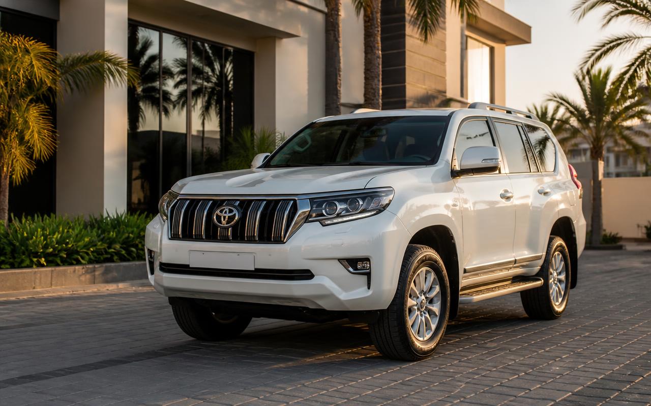 White Toyota Land Cruiser Prado parked on a paved driveway in Lekki, Lagos at golden hour
