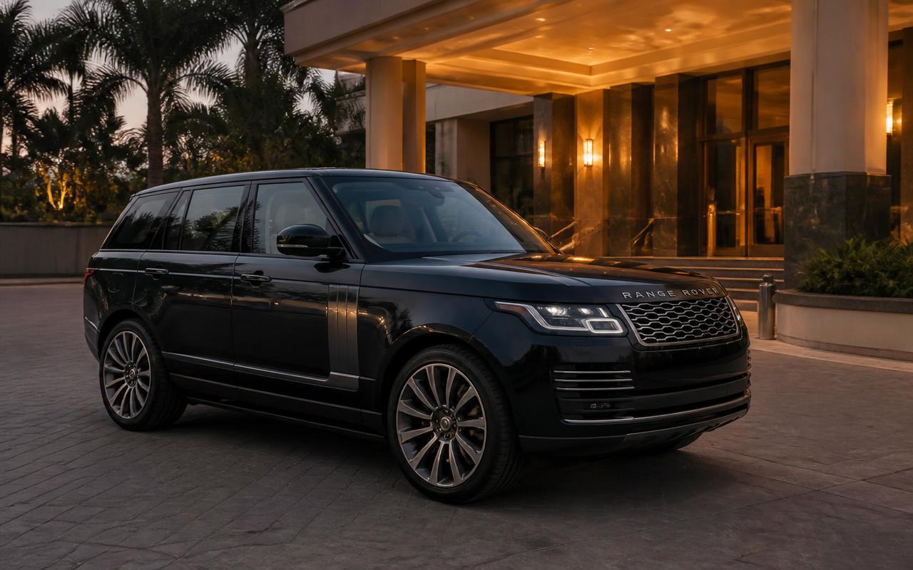 Black Range Rover Autobiography parked at a luxury hotel entrance in Abuja at night