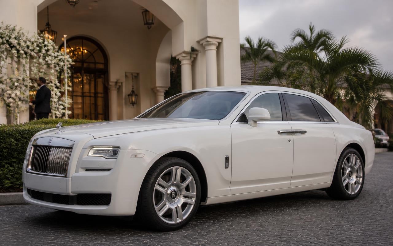 White Rolls-Royce luxury sedan parked outside an elegant wedding venue in Lagos
