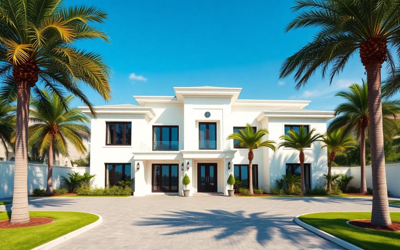 Contemporary luxury detached home with palm trees and paved driveway in Lekki, Lagos