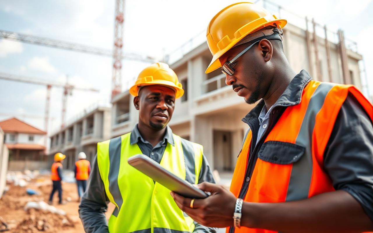 Site supervisor with hard hat and tablet inspecting a Lagos construction project