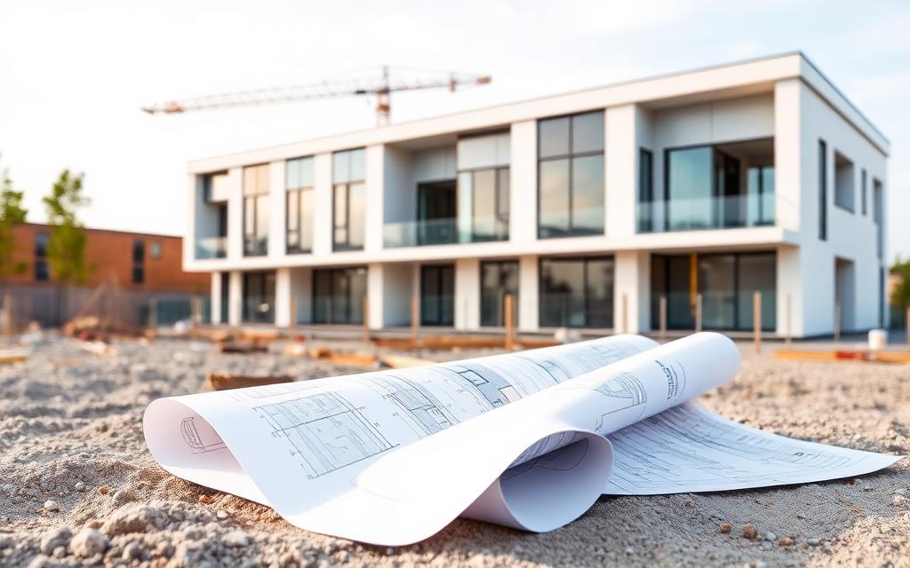 Building development site with architectural drawings