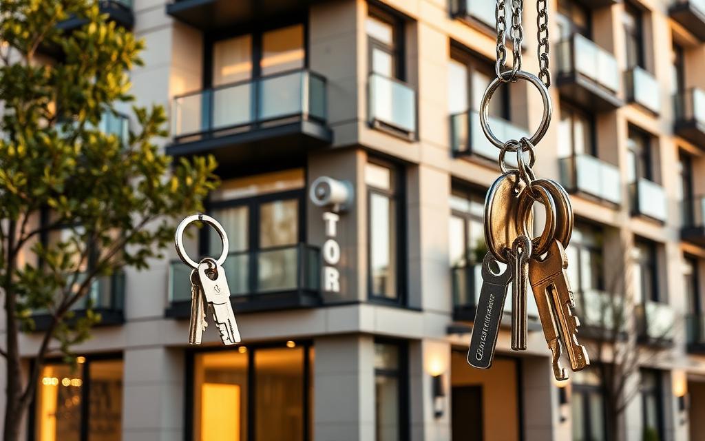 Apartment building with property keys in the foreground