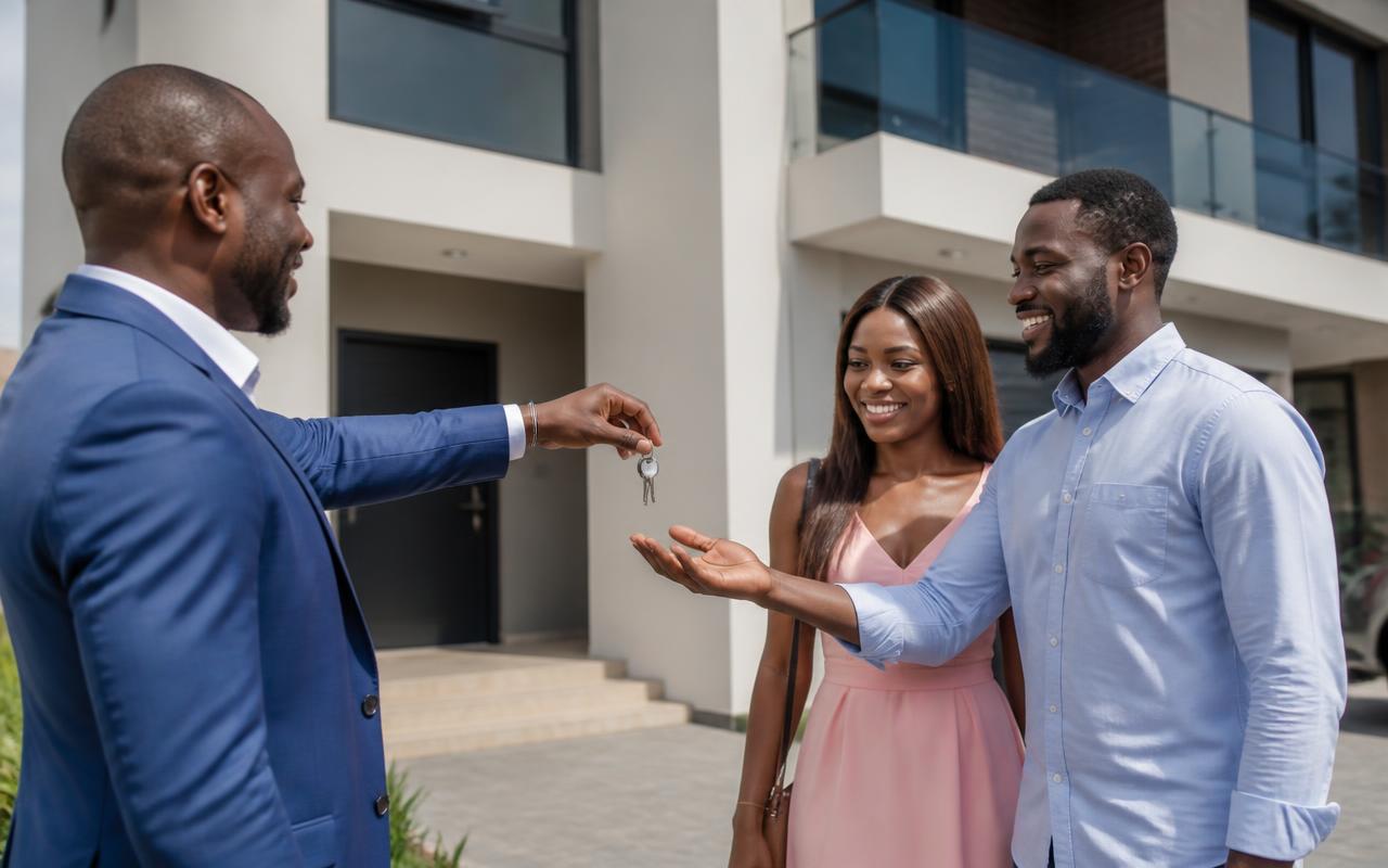 Estate agent handing house keys to a smiling couple outside a modern Lagos home