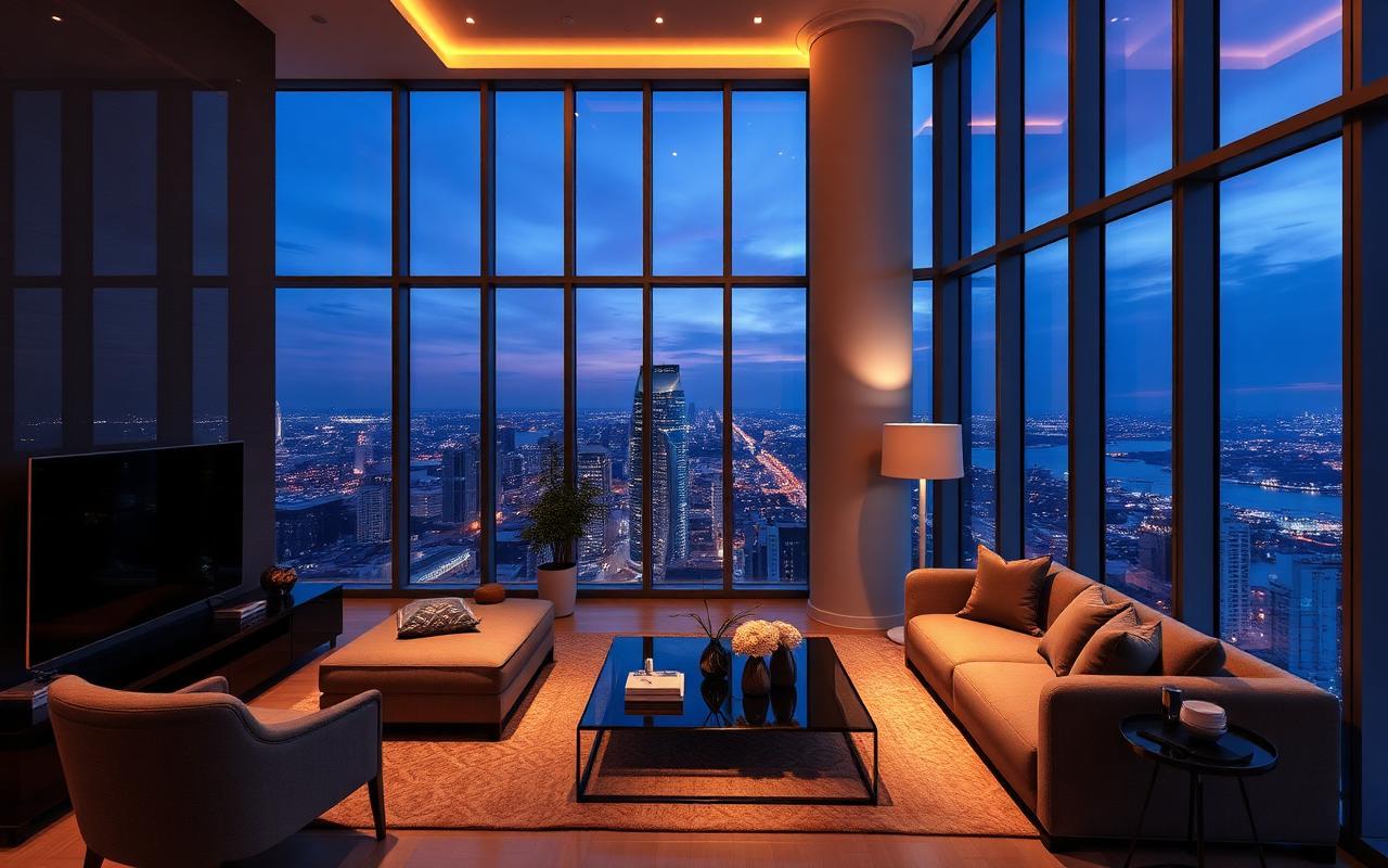 Modern luxury apartment interior with Lagos skyline views