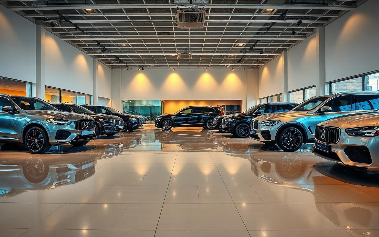 Premium car showroom interior in Lagos with luxury SUVs and sedans under warm lighting