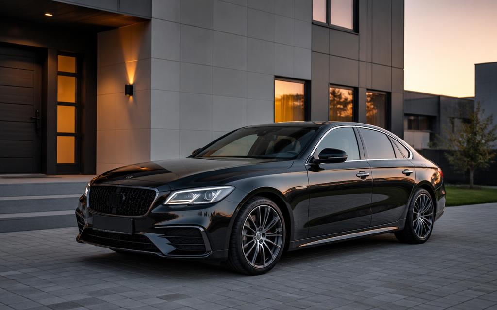 Black Mercedes-Benz style executive sedan parked outside a modern building at dusk