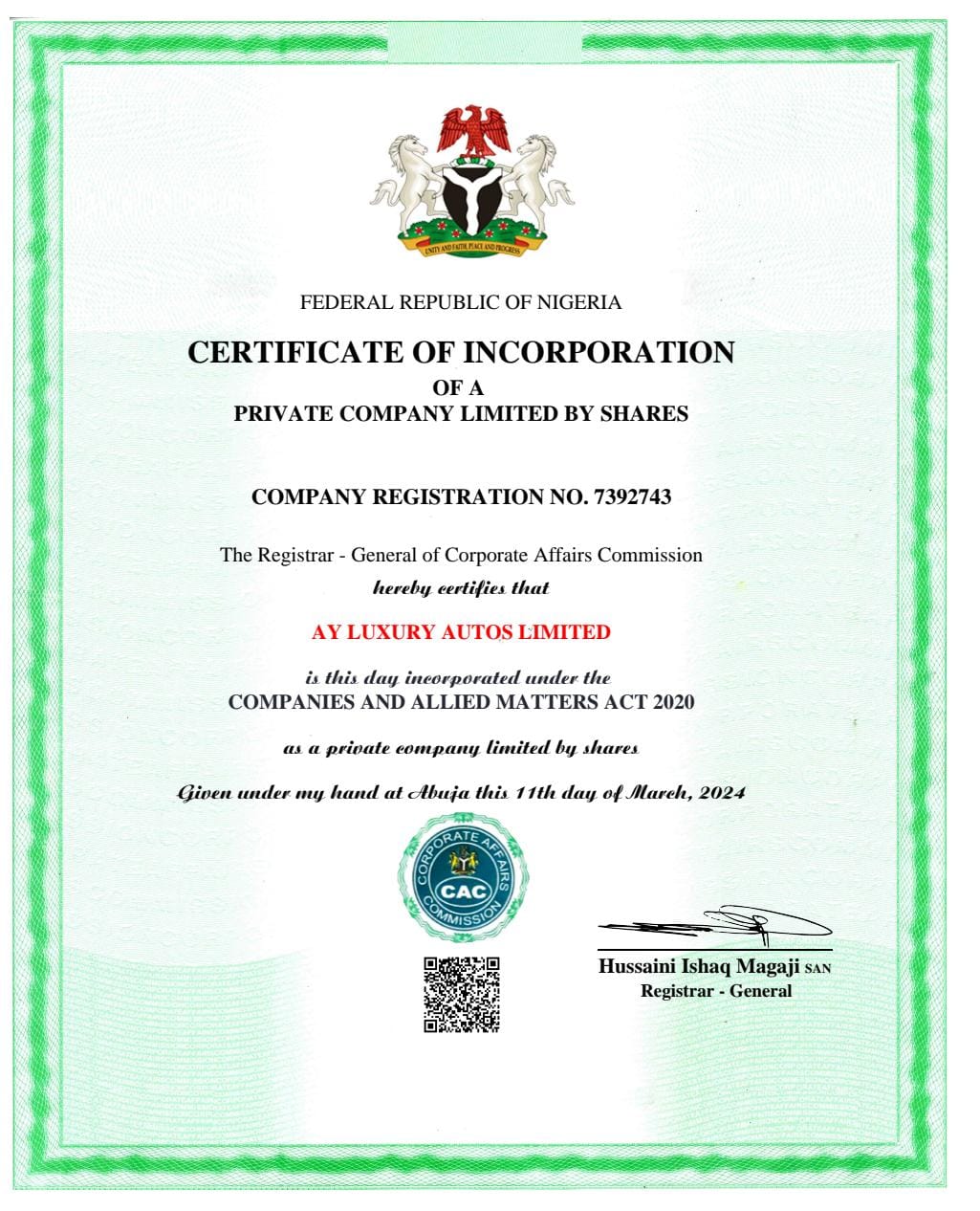 Corporate Affairs Commission certificate of incorporation for AY Luxury Autos Nigeria Limited